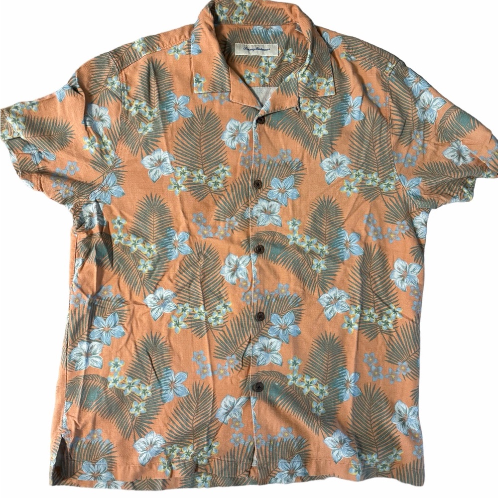 Tommy Bahama Camp Shirt Mens Large Orange Silk Floral Print Beach House